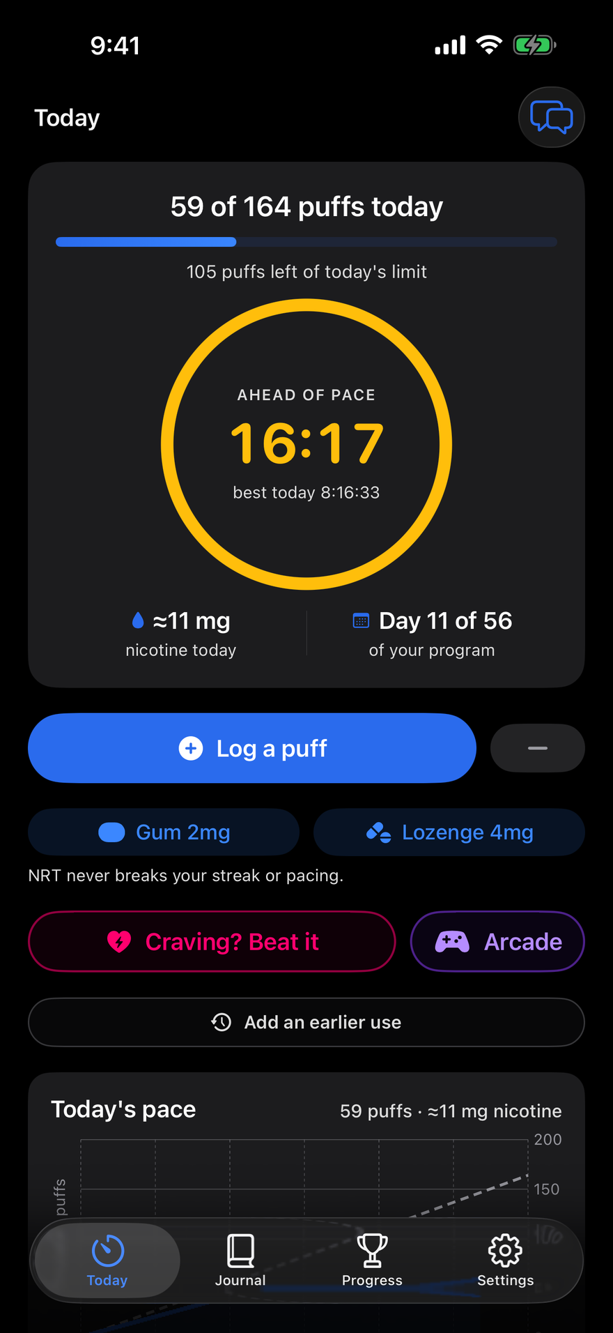 Puff Pacer's Today screen with the pacing ring in its gold 'ahead of pace' state - 16 minutes past the paced interval with no puff, flagged as the best stretch today, 59 of 164 puffs used on day 11 of a 56-day program, with the Craving SOS and Arcade buttons below