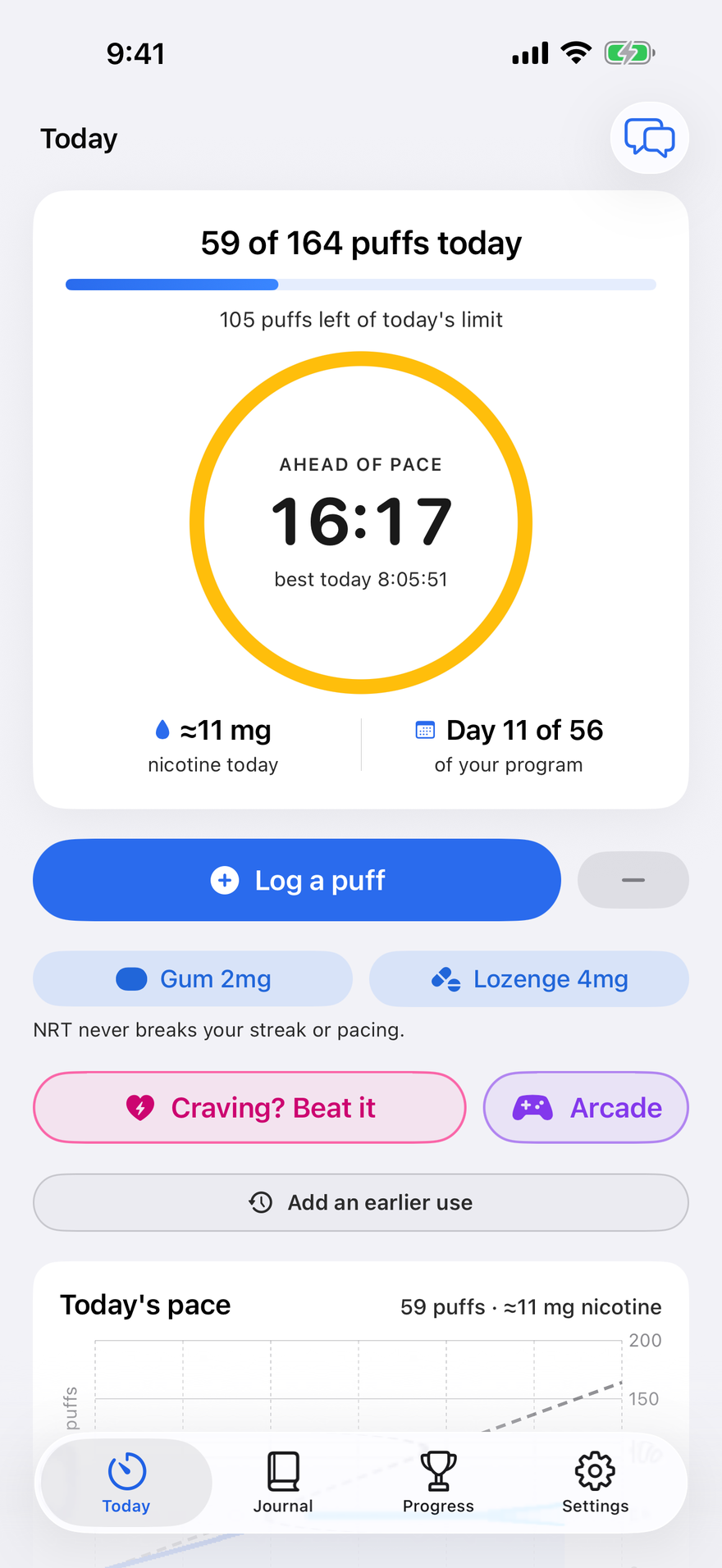Puff Pacer's Today screen with the pacing ring in its gold 'ahead of pace' state - 16 minutes past the paced interval with no puff, flagged as the best stretch today, 59 of 164 puffs used on day 11 of a 56-day program, with the Craving SOS and Arcade buttons below