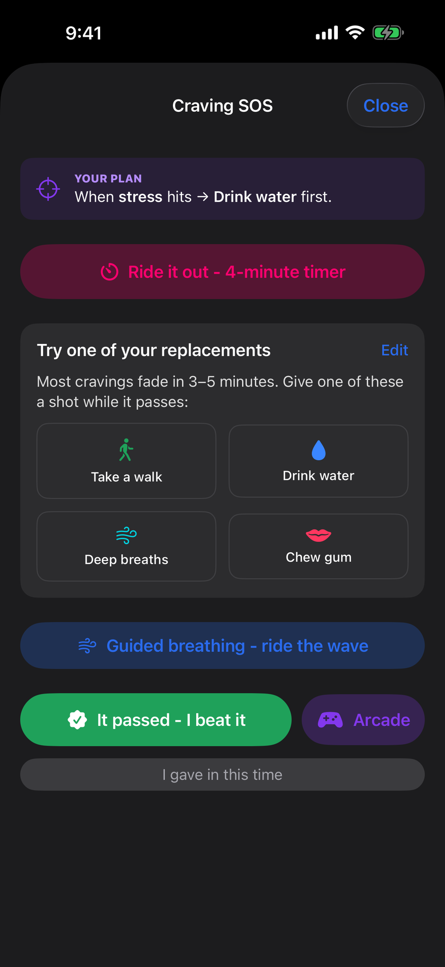 Puff Pacer's Craving SOS screen - a 4-minute ride-it-out timer, your trigger plan, replacements like a walk, water, or deep breaths, guided breathing, and an Arcade of craving-beating mini-games