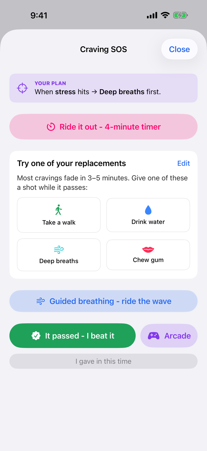 Puff Pacer's Craving SOS screen - a 4-minute ride-it-out timer, your trigger plan, replacements like a walk, water, or deep breaths, guided breathing, and an Arcade of craving-beating mini-games