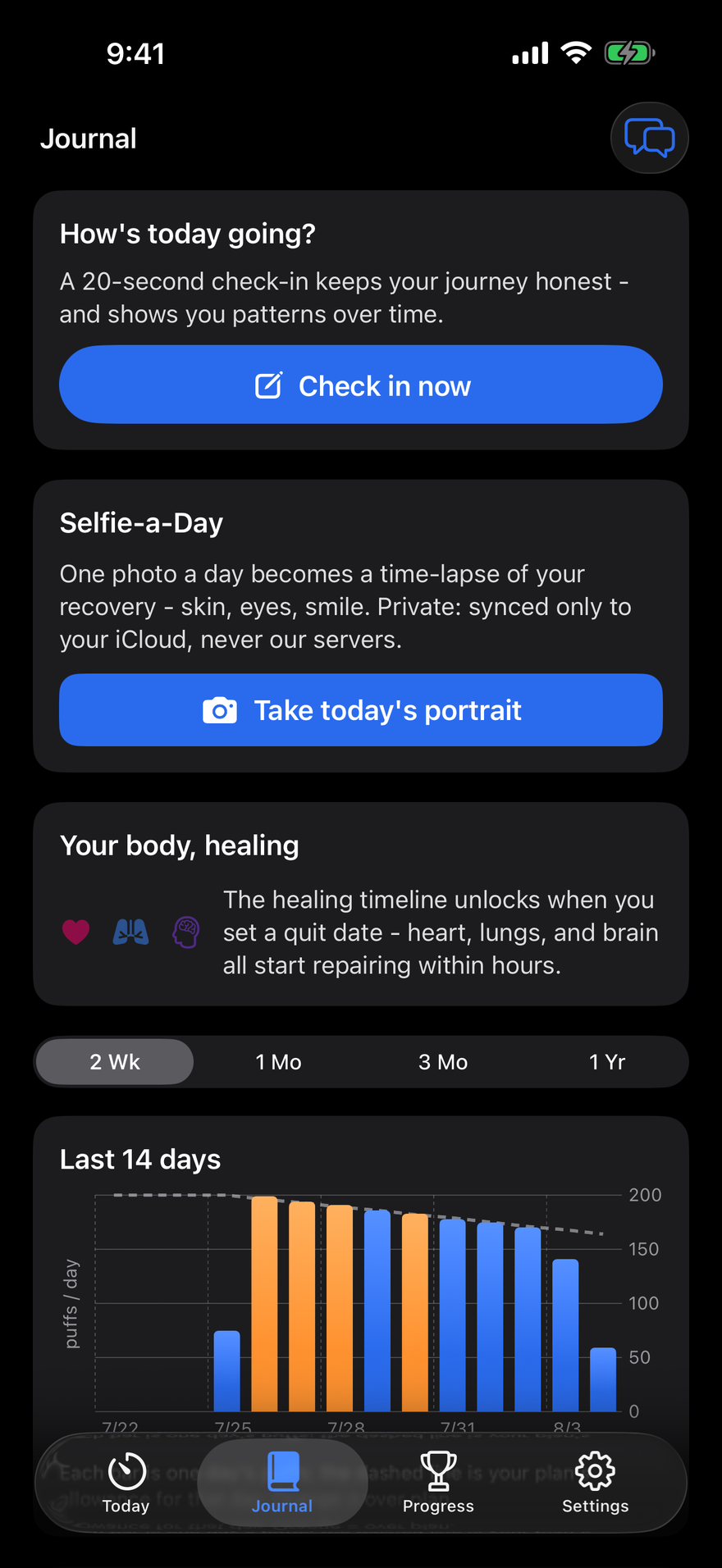 Puff Pacer's Journal screen - a 20-second daily check-in, Selfie-a-Day recovery time-lapse, the body-healing timeline, and a falling 14-day usage chart