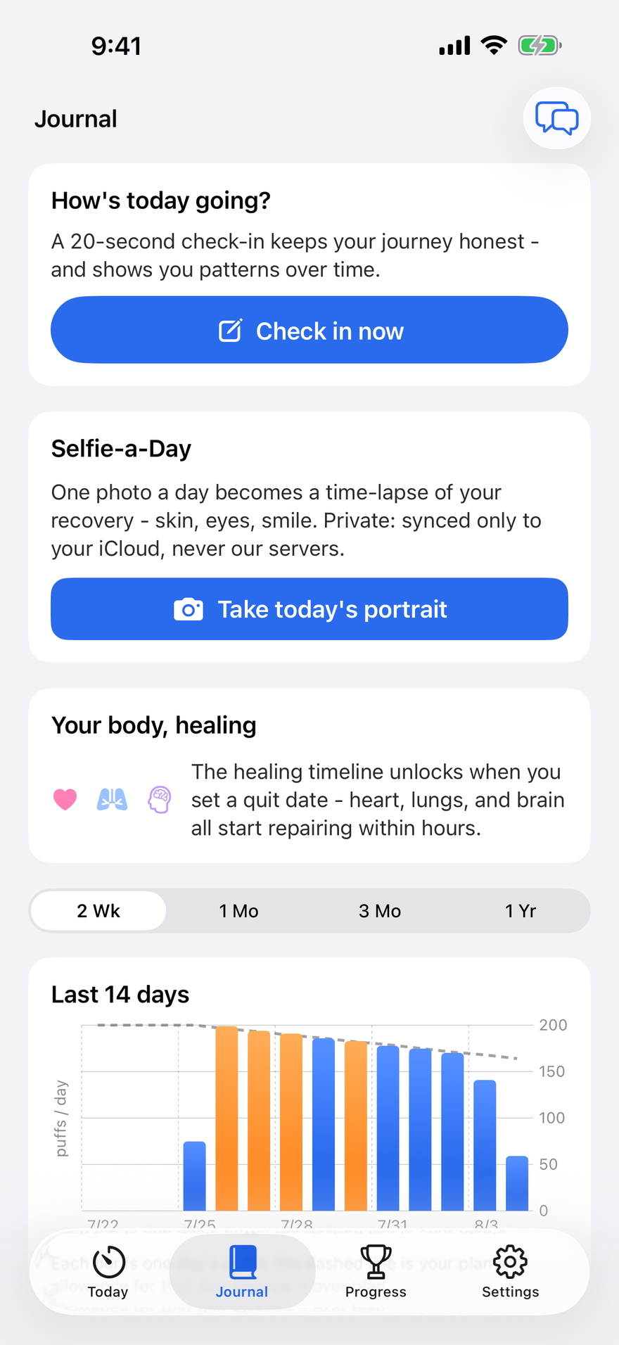 Puff Pacer's Journal screen - a 20-second daily check-in, Selfie-a-Day recovery time-lapse, the body-healing timeline, and a falling 14-day usage chart