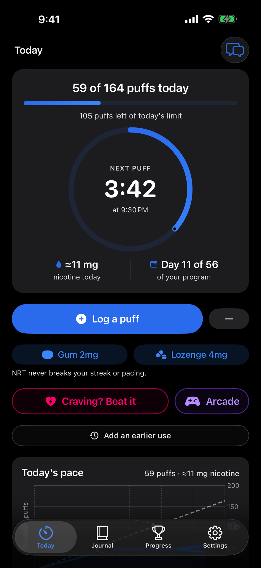 Puff Pacer quit-nicotine app - the Today screen's pacing ring counts down to the next allowed puff: 59 of 164 puffs used today, day 11 of a 56-day cut-back program, with one-tap Craving SOS and Arcade buttons below