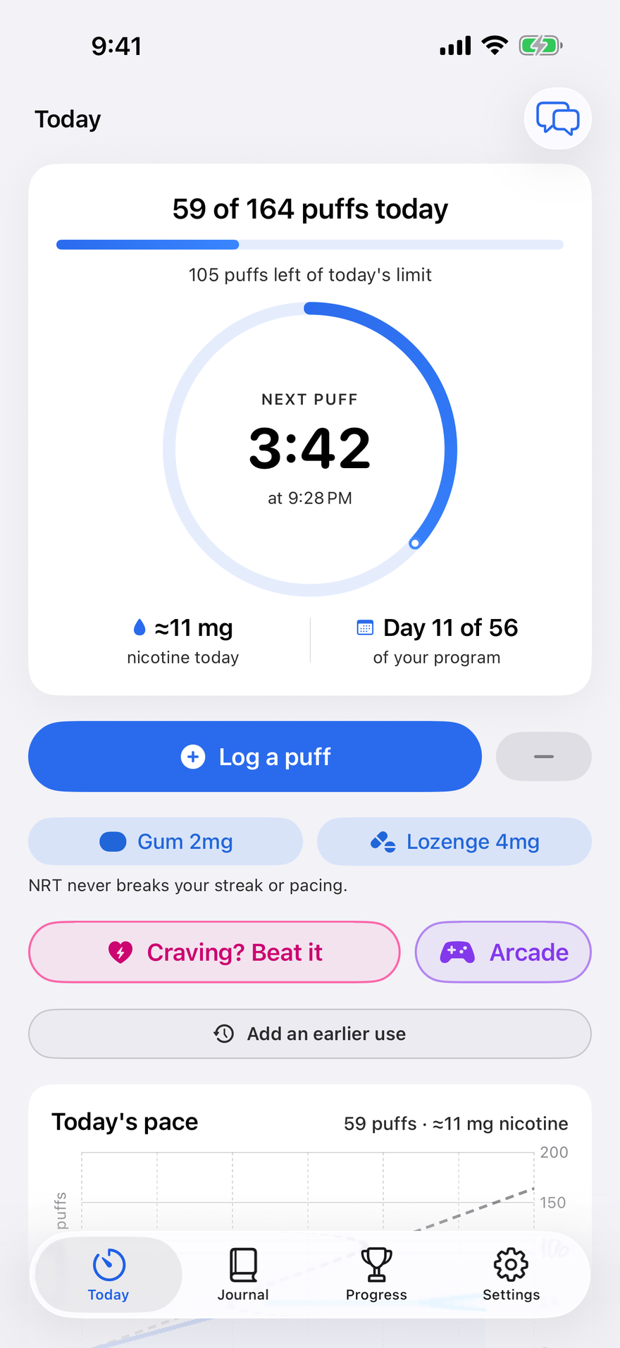Puff Pacer quit-nicotine app - the Today screen's pacing ring counts down to the next allowed puff: 59 of 164 puffs used today, day 11 of a 56-day cut-back program, with one-tap Craving SOS and Arcade buttons below