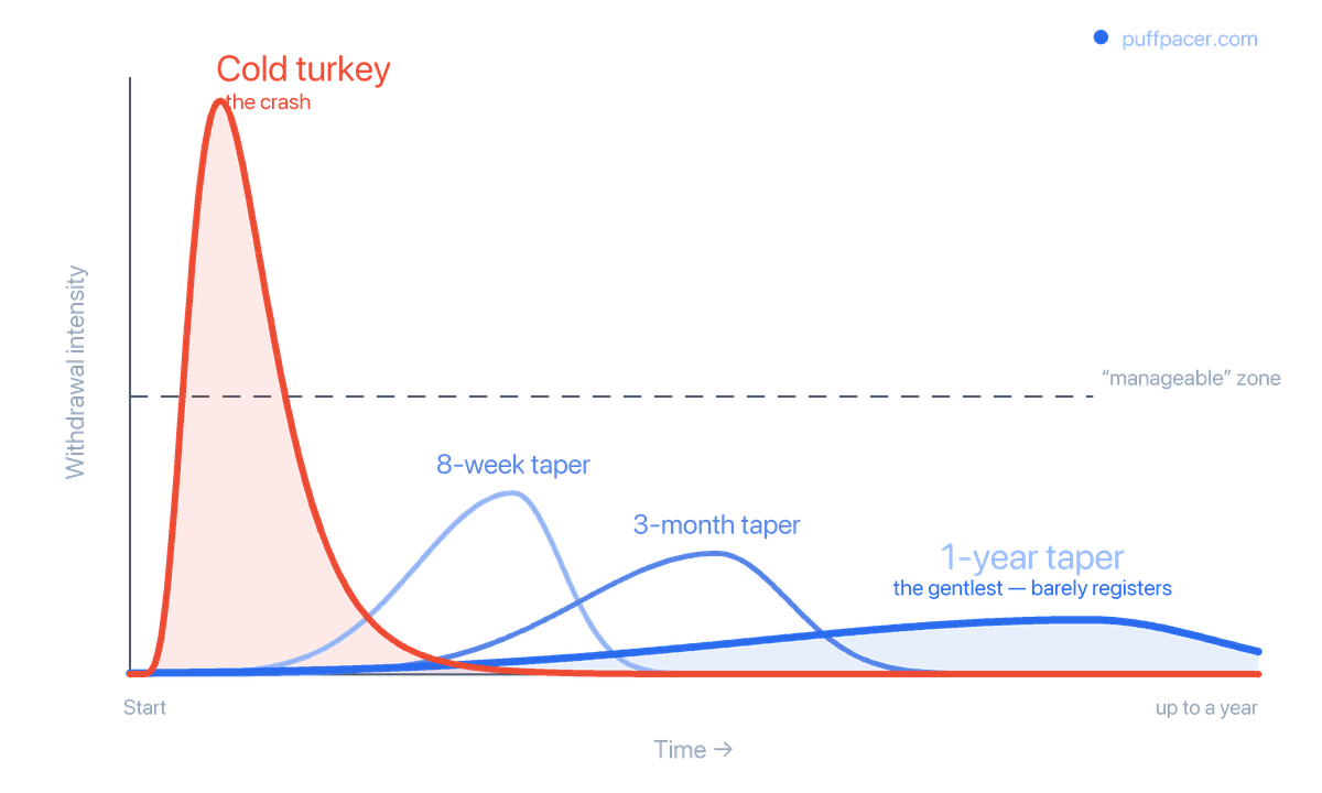 A chart of withdrawal intensity over time for four ways to quit nicotine. Cold turkey spikes to a sharp early peak - the crash - far above a “manageable” threshold. An 8-week taper produces a much smaller bump, a 3-month taper a smaller one still, and a year-long taper stays a low, nearly flat line near the baseline the whole way. The longer the plan, the gentler the quit.