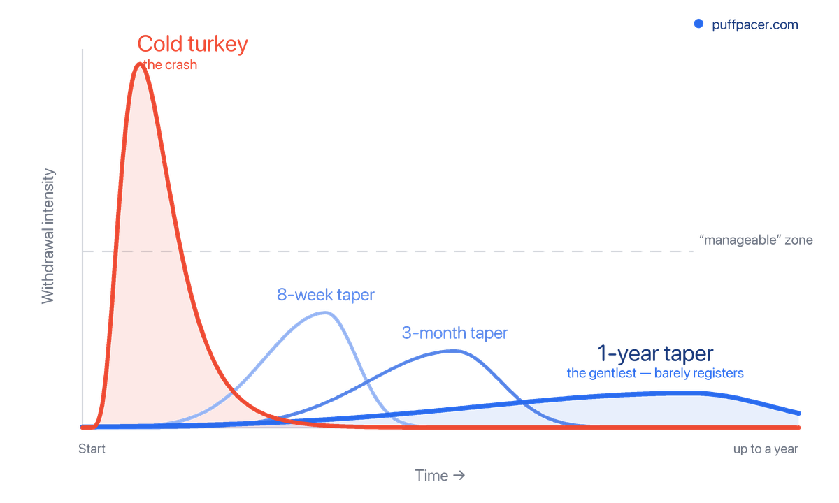 A chart of withdrawal intensity over time for four ways to quit nicotine. Cold turkey spikes to a sharp early peak - the crash - far above a “manageable” threshold. An 8-week taper produces a much smaller bump, a 3-month taper a smaller one still, and a year-long taper stays a low, nearly flat line near the baseline the whole way. The longer the plan, the gentler the quit.
